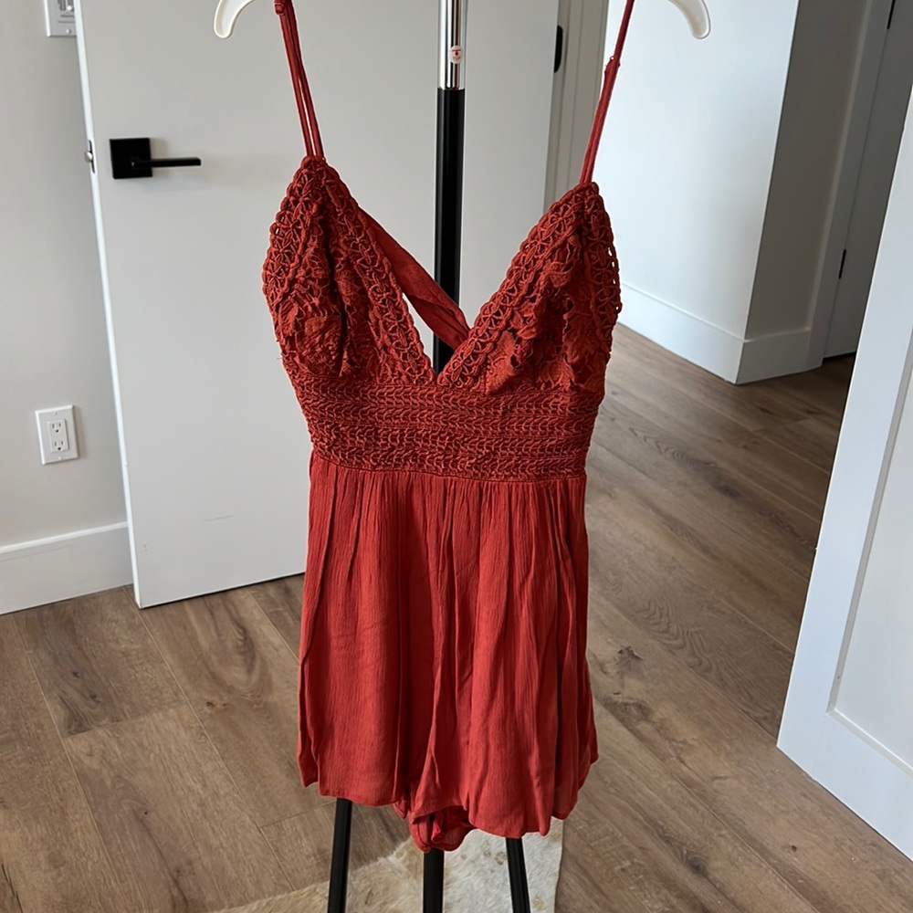 Open Back Terocotta Crochet Linen Romper